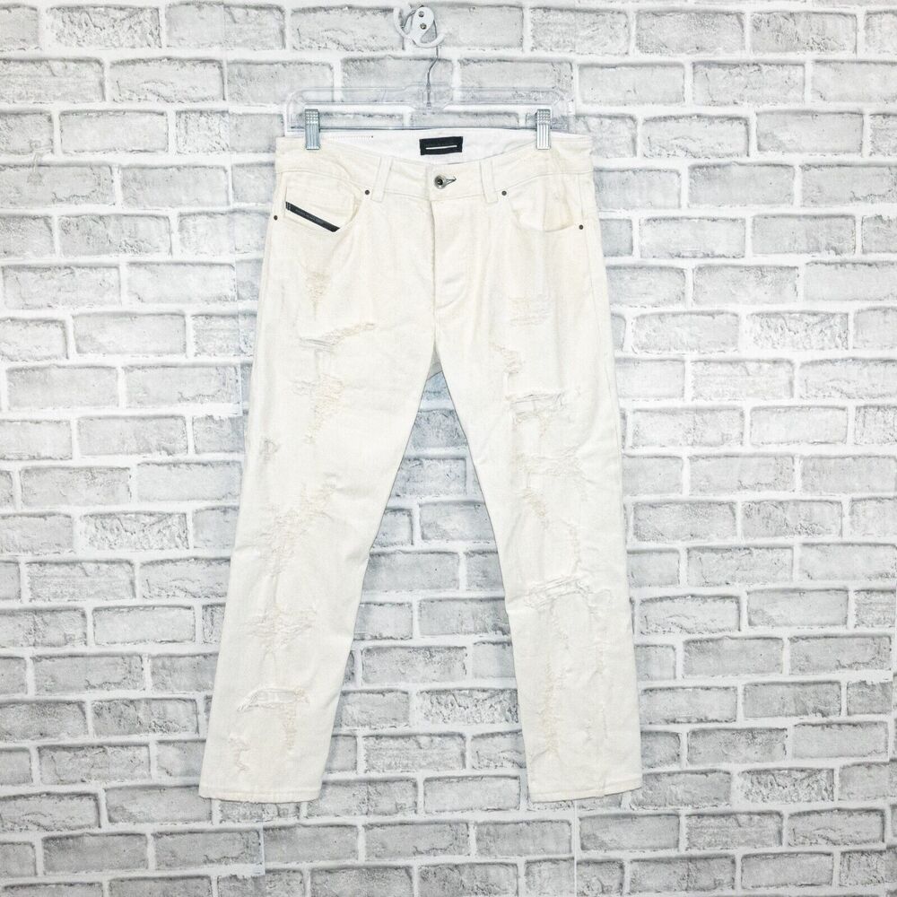 DIESEL Black Gold Coated Distressed Skinny Denim Jeans Eggshell sz 30